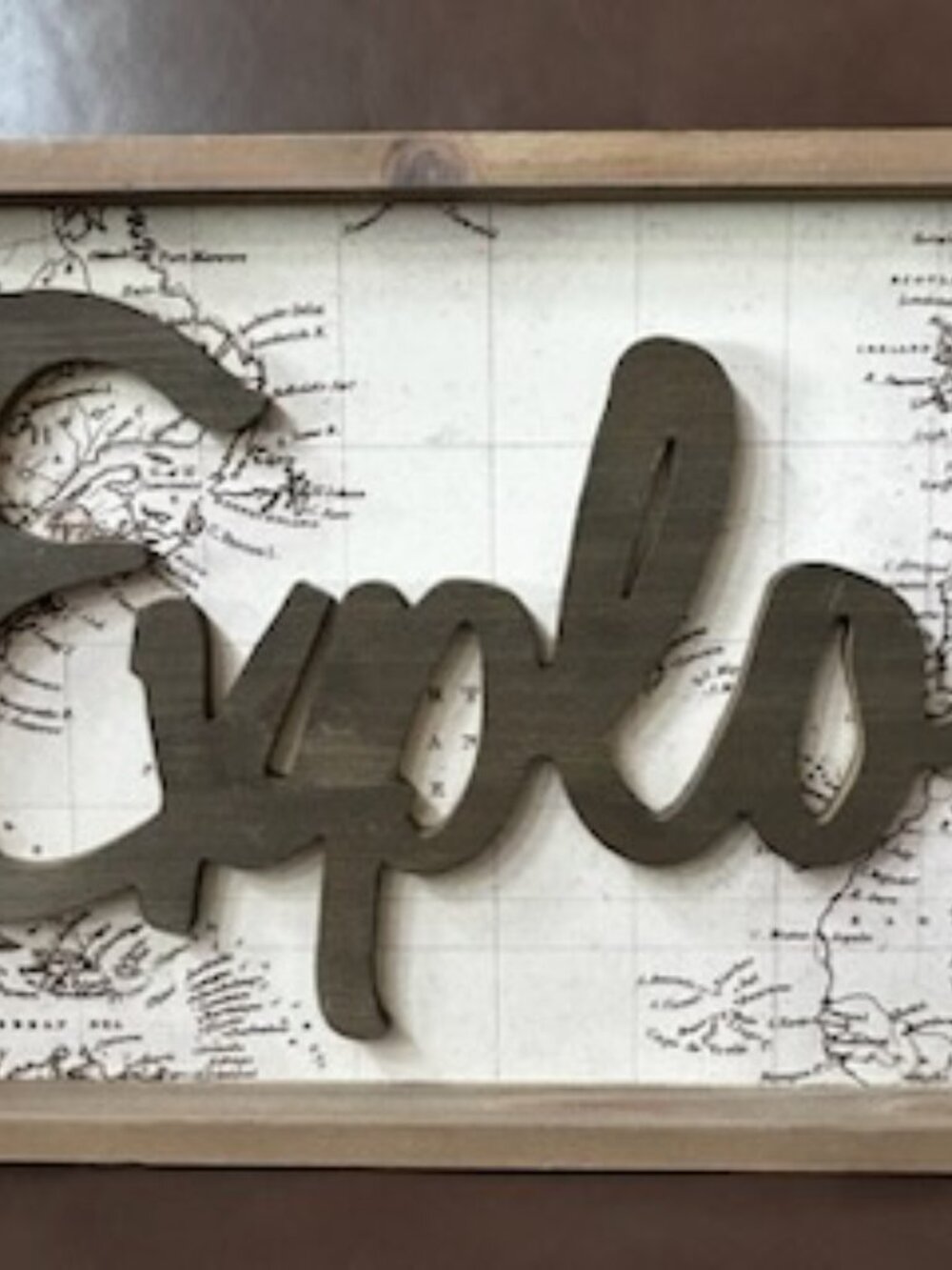 Vintage Framed "Explore" Artwork Wit Map Background Dark 3D Scripted Lettering - Picture 5 of 8